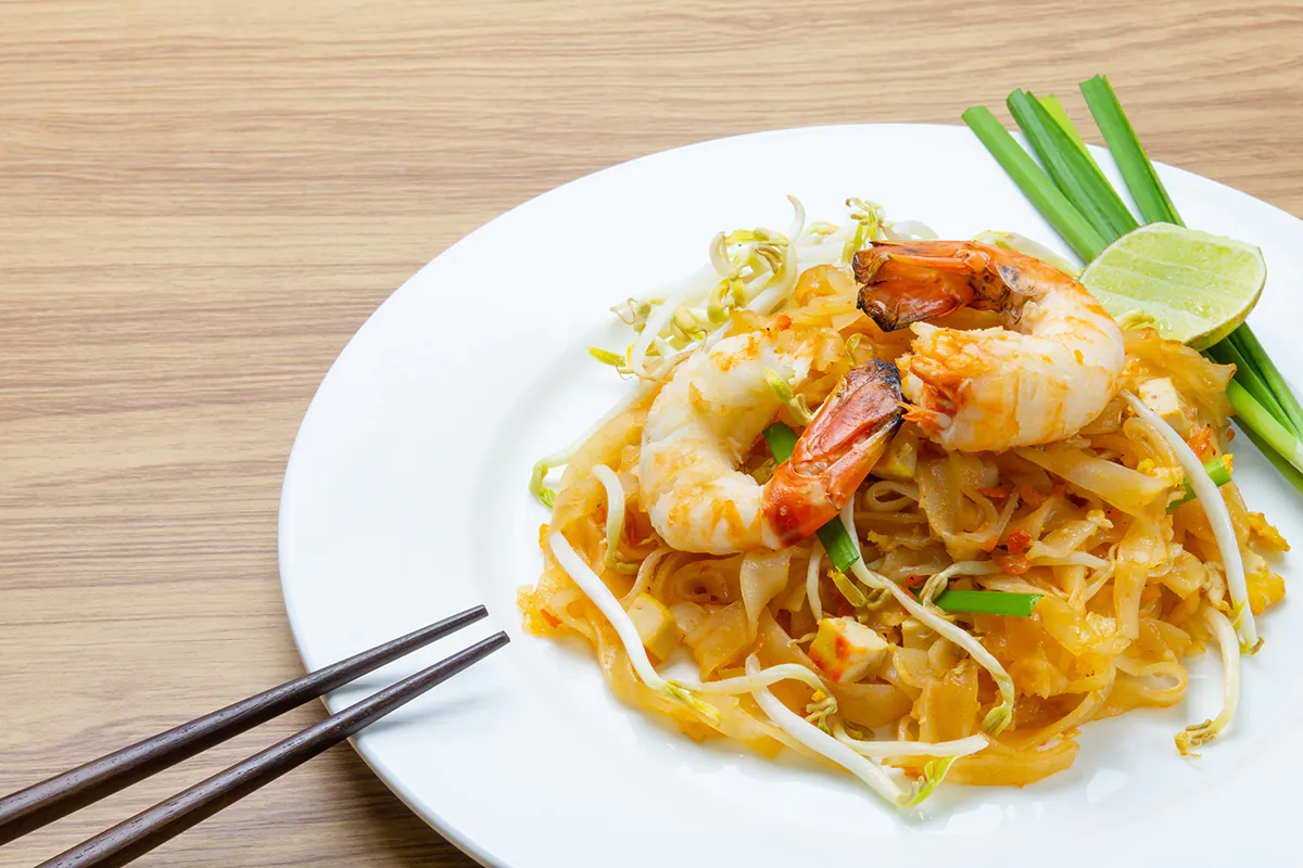 pad thai with shrimp on white dish at Tasty Thai Restaurant，a Thai Restaurant in Tempe